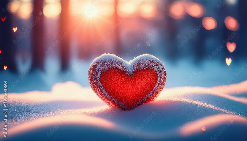 a red heart in the snow with a blurred background of trees and a bright sun in a festive style with a mix of red white and blue colors a red heart in the snow with a blurred background of trees and a bright sun in a festive style with a mix of red white and blue colors