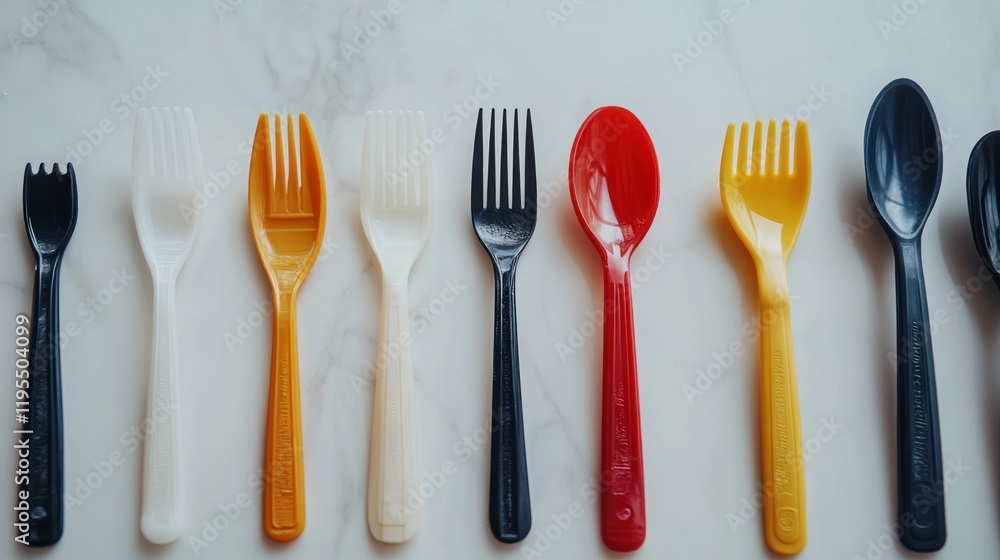 Colorful plastic utensils arranged in a row on a marble surface. Colorful plastic utensils arranged in a row on a marble surface.