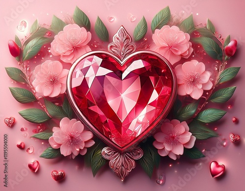 a red heart shaped gemstone sits on a light pink surface surrounded by pink flowers and green leaves with a soft pink background and white sparkles evoking valentine s day