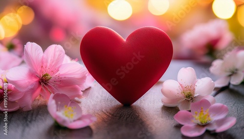 a red heart sits on a gray surface surrounded by pink flowers with a blurred background of pink and yellow hues evoking a valentine s day theme
