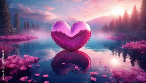 a serene valentine s day scene features a large shiny pink heart floating on a misty lake surrounded by purple flowers and a cloudy sky