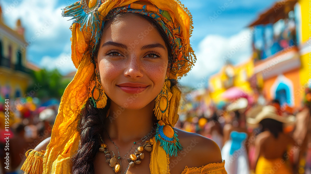 Fototapeta premium A radiant carnival participant wearing a vibrant yellow headpiece and matching accessories smiles warmly, embodying the lively spirit of Brazilian festivities