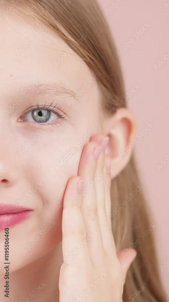 VERTICAL VIDEO. Portrait of a smiling pretty young girl applying moisturizer face cream on her face in studio on pink background. A concept for advertising healthy glowing skin care for teens or kids. VERTICAL VIDEO. Portrait of a smiling pretty young girl applying moisturizer face cream on her face in studio on pink background. A concept for advertising healthy glowing skin care for teens or kids.