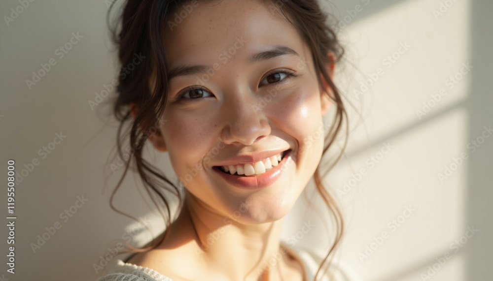 Smiling woman in soft light against a beige background Smiling woman in soft light against a beige background