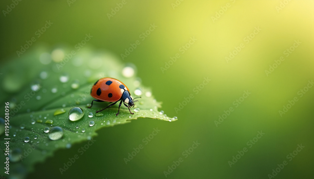Ladybug crawling on leaf with raindrops against green background Ladybug crawling on leaf with raindrops against green background