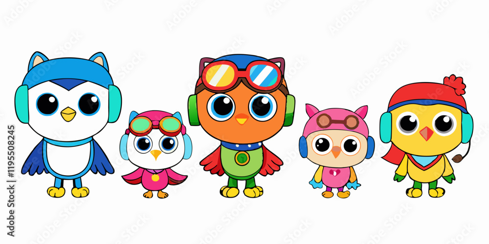 Cute Cartoon Owls with Aviator Goggles, Winter Hat, and Pirate Hat in Kawaii Style Cute Cartoon Owls with Aviator Goggles, Winter Hat, and Pirate Hat in Kawaii Style
