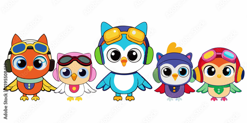 Cute Cartoon Owls with Aviator Goggles, Winter Hat, and Pirate Hat in Kawaii Style Cute Cartoon Owls with Aviator Goggles, Winter Hat, and Pirate Hat in Kawaii Style