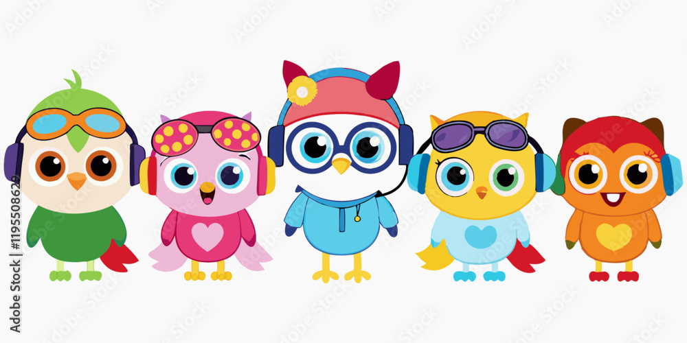 Cute Cartoon Owls with Aviator Goggles, Winter Hat, and Pirate Hat in Kawaii Style Cute Cartoon Owls with Aviator Goggles, Winter Hat, and Pirate Hat in Kawaii Style