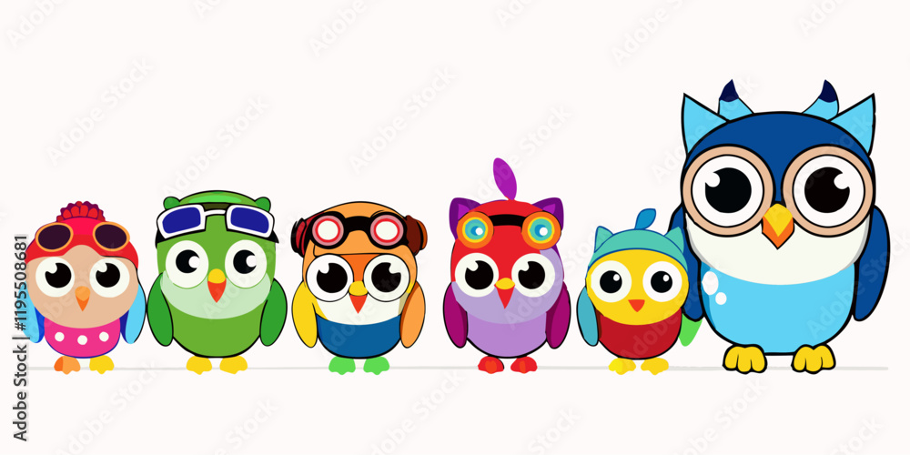 Cute Cartoon Owls with Aviator Goggles, Winter Hat, and Pirate Hat in Kawaii Style Cute Cartoon Owls with Aviator Goggles, Winter Hat, and Pirate Hat in Kawaii Style