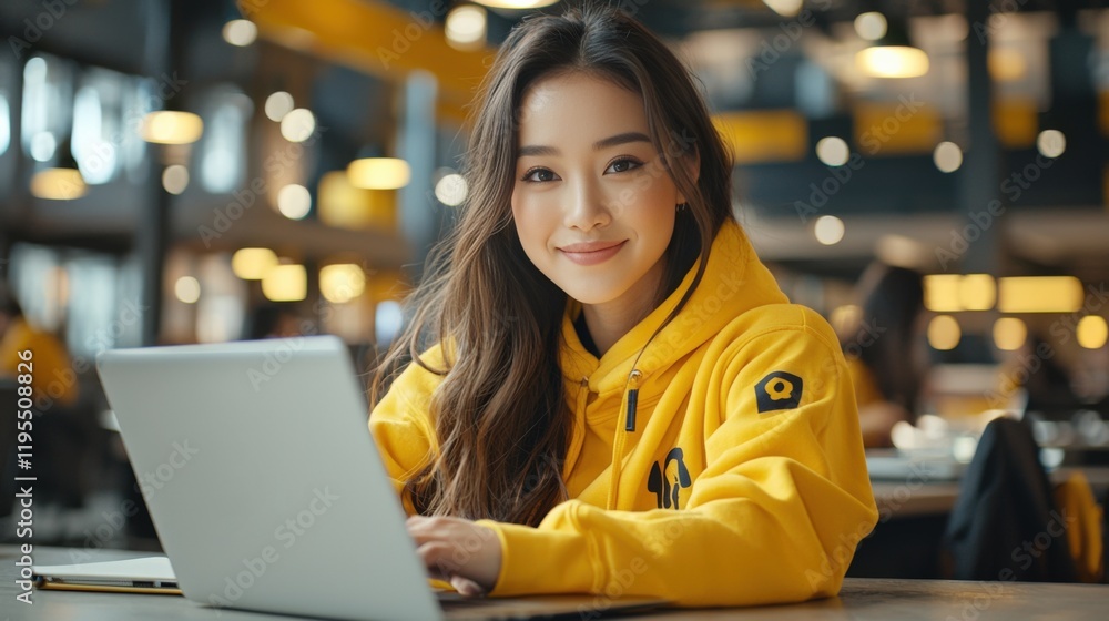 Smiling Young Woman Working on Laptop in Cafe Smiling Young Woman Working on Laptop in Cafe