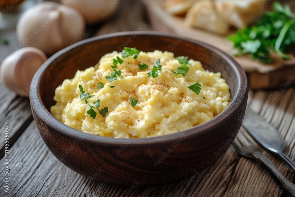 Creamy scrambled eggs seasoned with spices and fresh parsley, served in a rustic wooden bowl, perfect for breakfast or brunch Creamy scrambled eggs seasoned with spices and fresh parsley, served in a rustic wooden bowl, perfect for breakfast or brunch