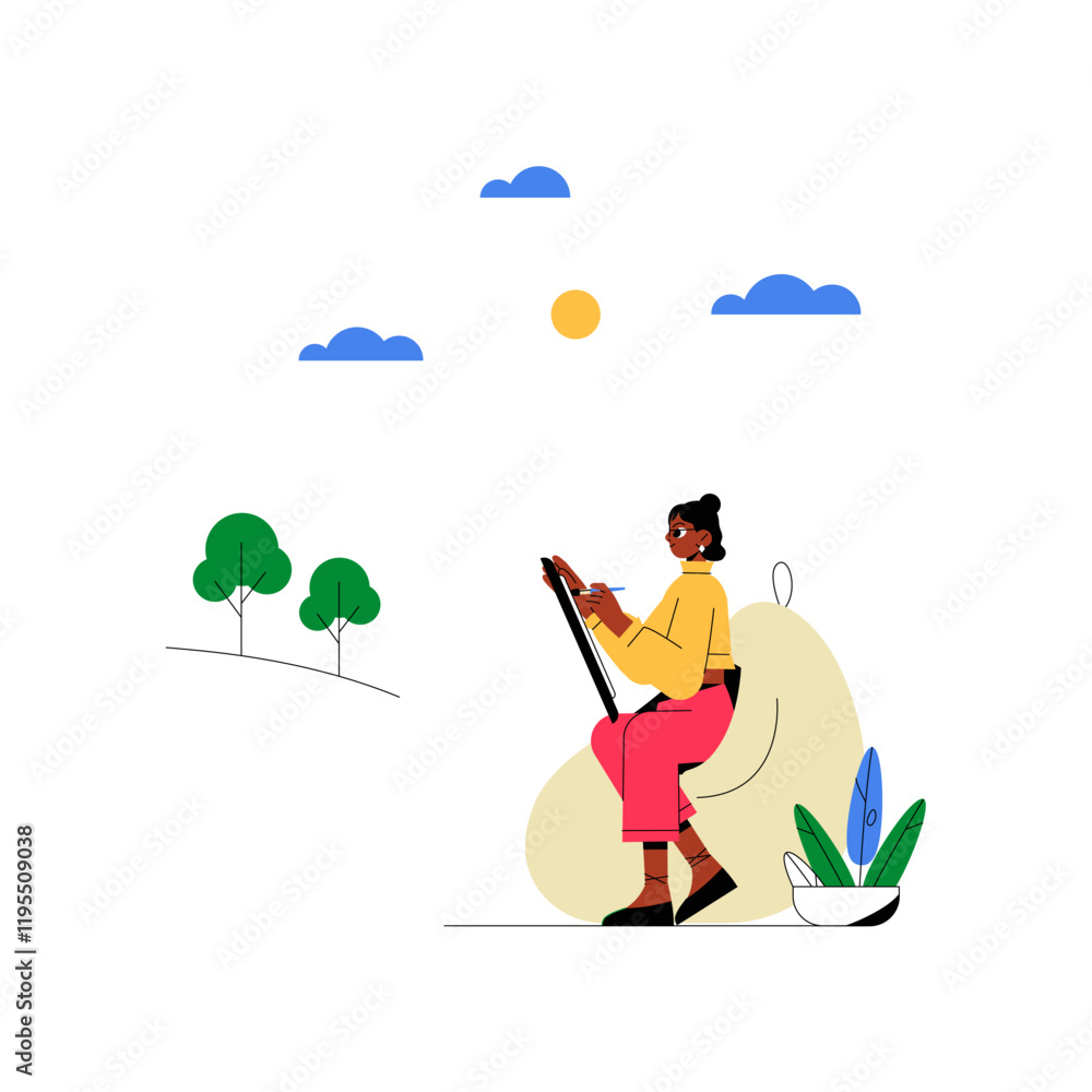 Female Artist Drawing Outdoors In Flat Vector Illustration Symbolizing Creativity, Focus, And Nature, Isolated On White Background Female Artist Drawing Outdoors In Flat Vector Illustration Symbolizing Creativity, Focus, And Nature, Isolated On White Background