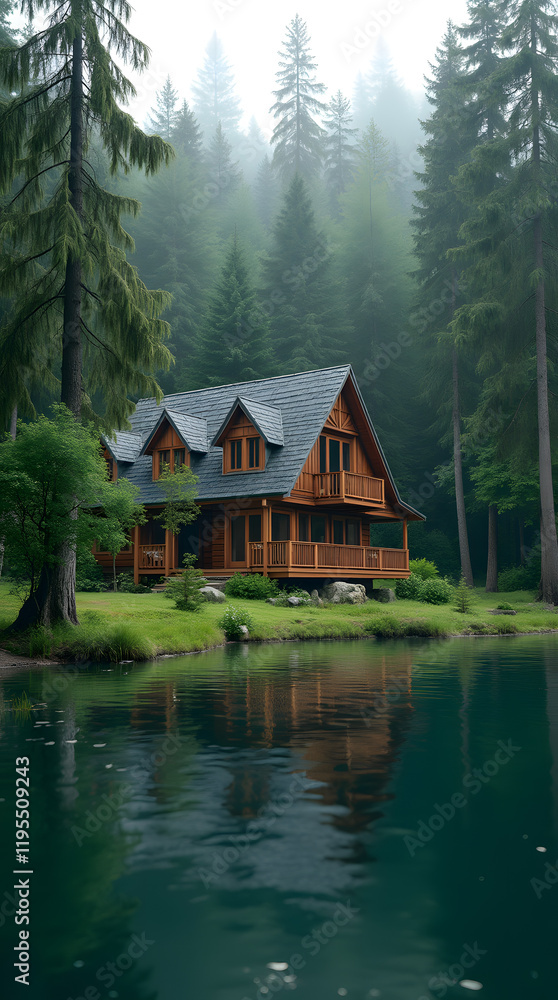 Obraz premium House in the forest near the lake against the background of green natural forest. Symbol of family, mortgage, real estate concept. Eco-friendly house.
