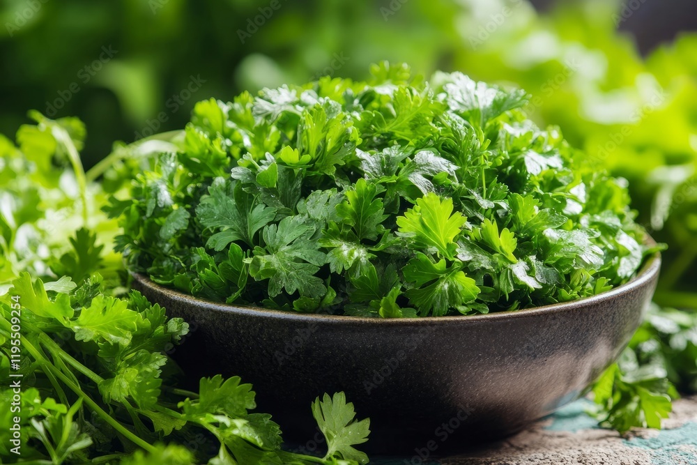 Close up of bright green chopped parsley leaves in bowl and lying on table Close up of bright green chopped parsley leaves in bowl and lying on table
