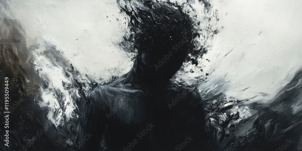 A figure becomes one with dark swirling patterns, creating an enigmatic atmosphere that blends body and surroundings, evoking emotion and introspection A figure becomes one with dark swirling patterns, creating an enigmatic atmosphere that blends body and surroundings, evoking emotion and introspection