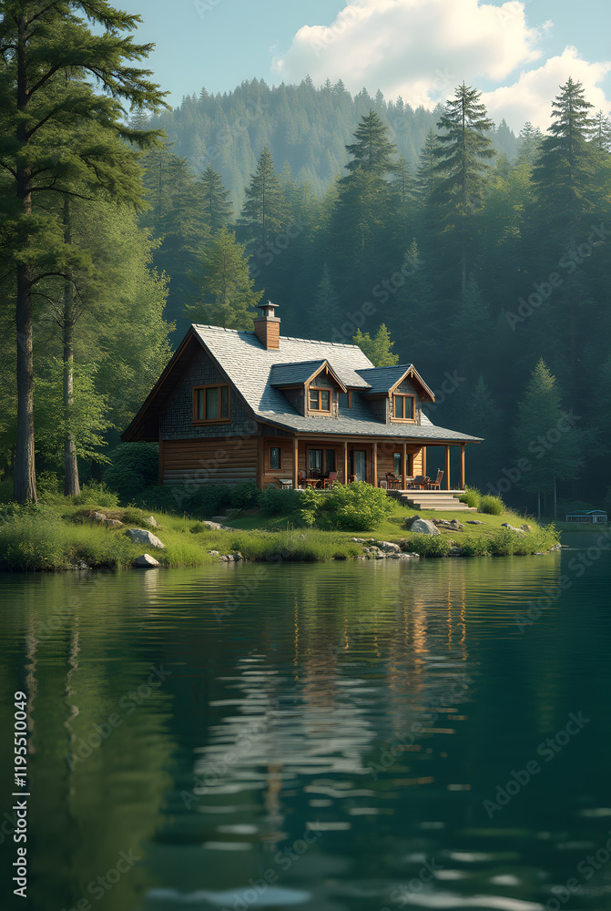 Obraz premium House in the forest near the lake against the background of green natural forest. Symbol of family, mortgage, real estate concept. Eco-friendly house.