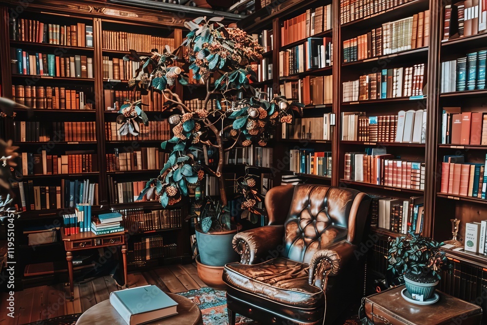 Cozy reading nook featuring a bookshelf, armchair, and indoor plant, ideal for relaxation and study. Cozy reading nook featuring a bookshelf, armchair, and indoor plant, ideal for relaxation and study.