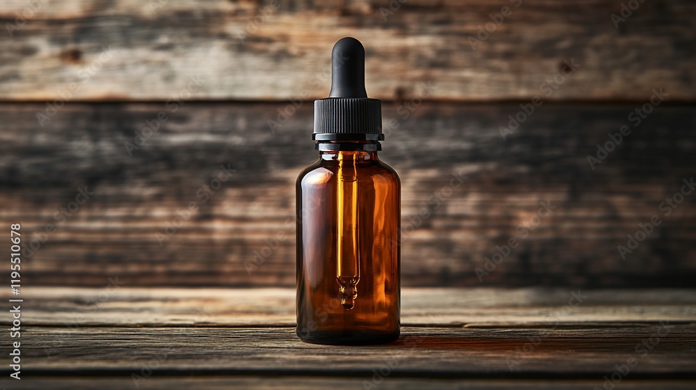 Amber bottle, dropper, wood background, rustic, product display Amber bottle, dropper, wood background, rustic, product display