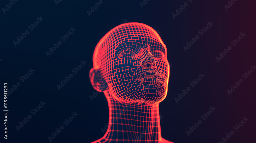 A glowing red digital wireframe of a human head on a dark gradient background, representing technology, AI, and futuristic concepts A glowing red digital wireframe of a human head on a dark gradient background, representing technology, AI, and futuristic concepts