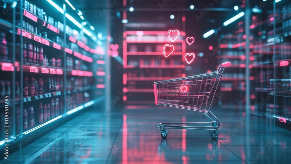 Cyberpunk Shopping Experience. Shopping cart with neon heart symbols in a futuristic supermarket corridor bathed in cyan and pink lights. Cyberpunk Shopping Experience. Shopping cart with neon heart symbols in a futuristic supermarket corridor bathed in cyan and pink lights.