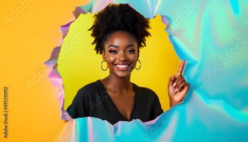 Happy Black Woman Emerging Through Colorful Paper photo