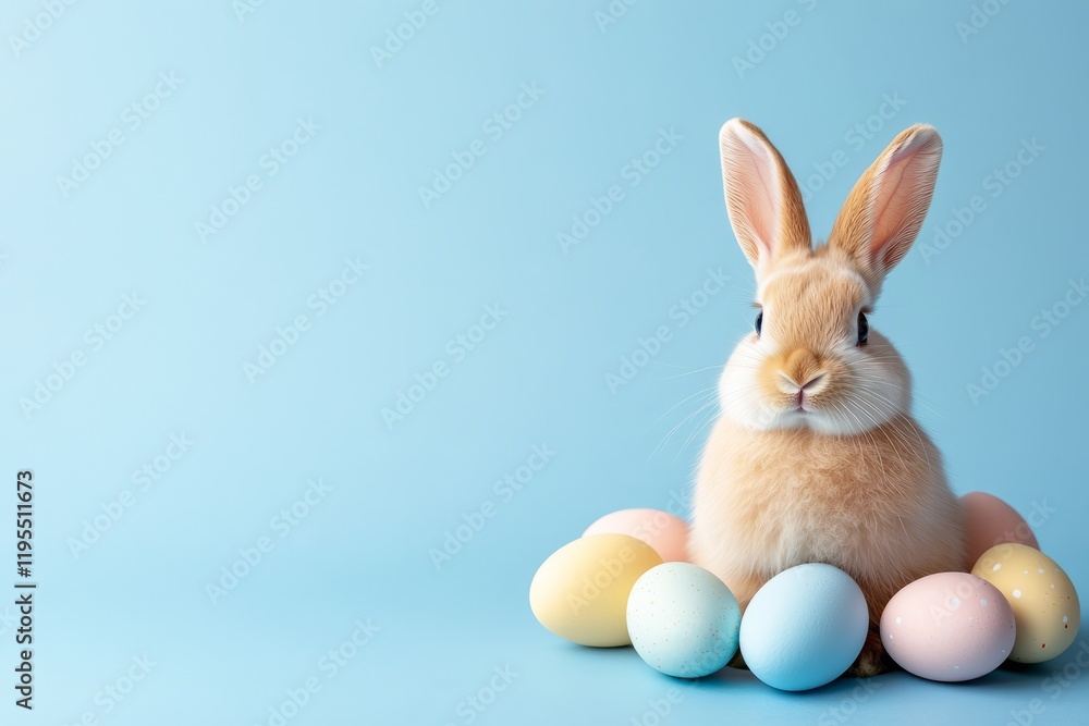 Beige rabbit on a blue background among Easter eggs. Easter and spring celebration concept. Spring-themed postcard with space for text