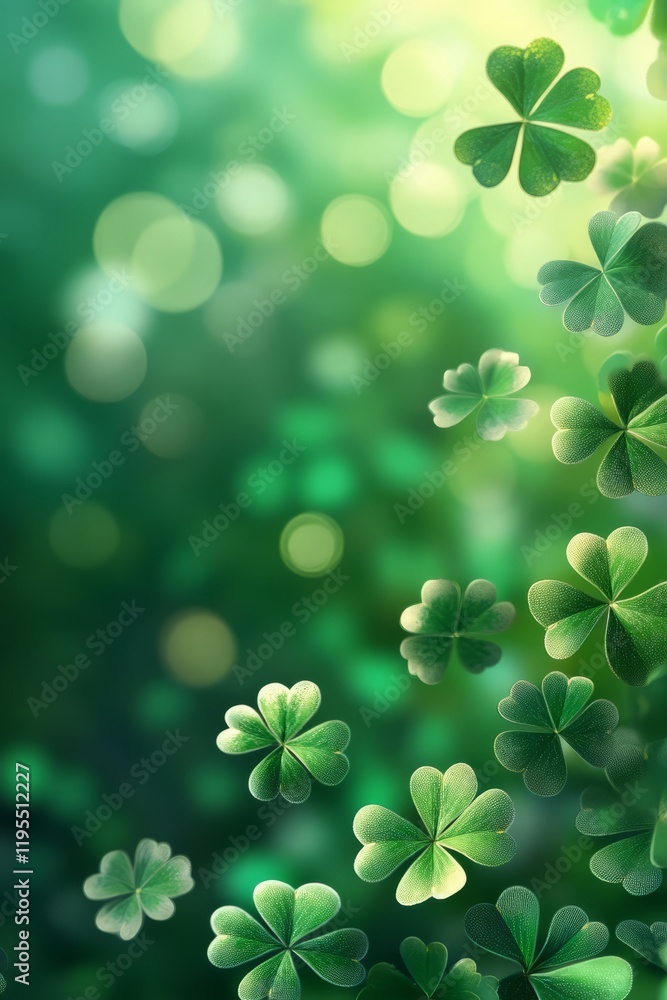 Green clover leaves on blurred green bokeh background, St. Patrick's Day celebration, luck and fortune concept, copy space, vertical Green clover leaves on blurred green bokeh background, St. Patrick's Day celebration, luck and fortune concept, copy space, vertical