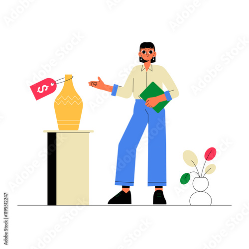 Female Curator Displaying Vase In Flat Vector Illustration Symbolizing Exhibition, Art Promotion, And Sales, Isolated On White Background