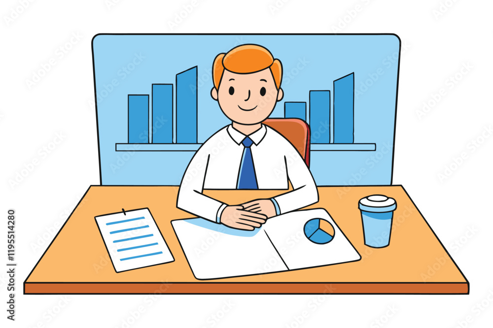 A man reviewing documents in a meeting room and seated at a long wooden table with papers spread out vector art illustration.eps A man reviewing documents in a meeting room and seated at a long wooden table with papers spread out vector art illustration.eps