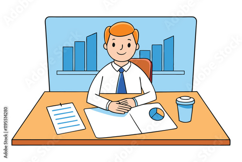 A man reviewing documents in a meeting room and seated at a long wooden table with papers spread out vector art illustration.eps