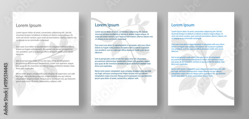 Three A4 letter mockup templates featuring lorem ipsum text and a floral watermark. The documents are displayed on a light gray background. Concept of document layout design. Vector illustration