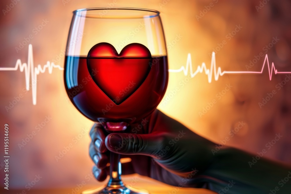 Wine and heart health. A hand holds a wine glass with red wine and a heart shape submerged inside, set against a heartbeat line and warm background.