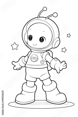 oyful alien character coloring page design, cheerful mood, standing in a spacesuit with outstretched arms photo