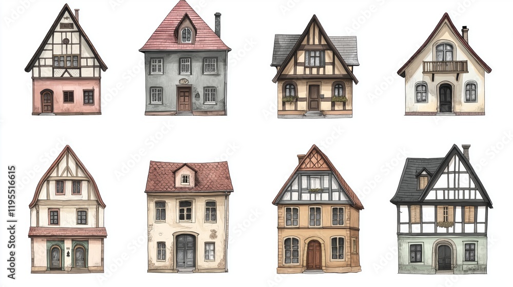 Colorful set of charming European buildings with varied architectural styles and vibrant hues Colorful set of charming European buildings with varied architectural styles and vibrant hues