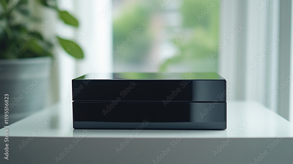 Black box rests on table near window, green plants blurred background, product display Black box rests on table near window, green plants blurred background, product display