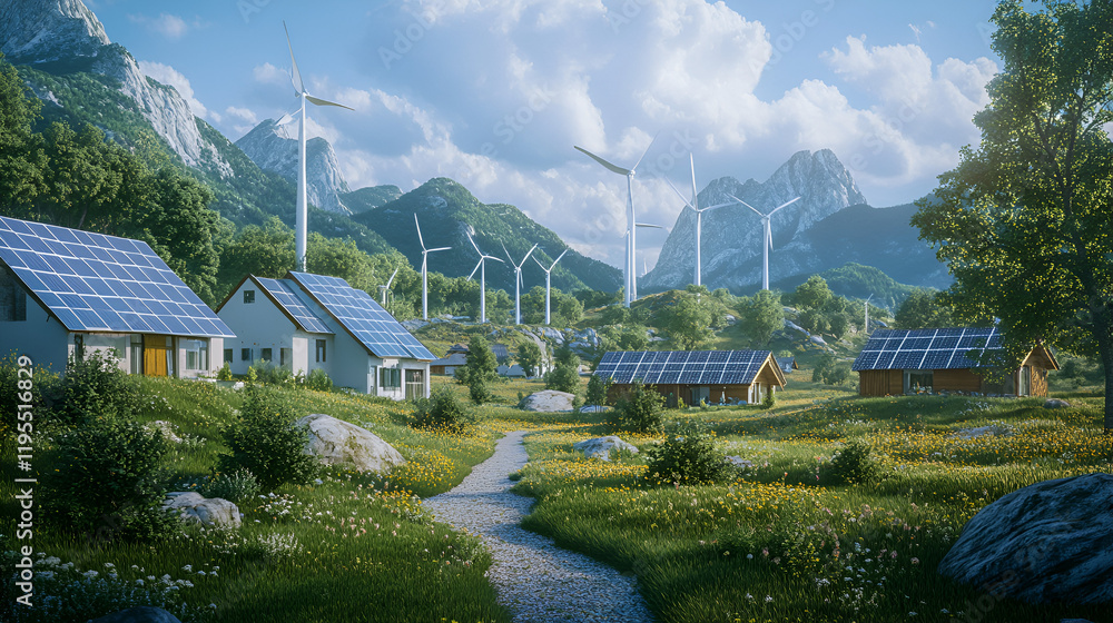 Naklejka premium A rural village powered entirely by solar panels