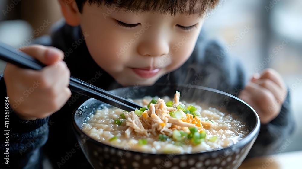 Child Eating Chicken Rice Porridge Child Eating Chicken Rice Porridge