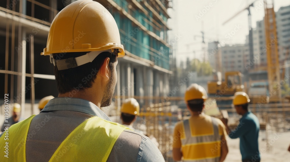 A close-up of a construction foreman giving instructions to a diverse team of workers at a busy construction site, Foreman briefing scene, Leadership and teamwork style A close-up of a construction foreman giving instructions to a diverse team of workers at a busy construction site, Foreman briefing scene, Leadership and teamwork style