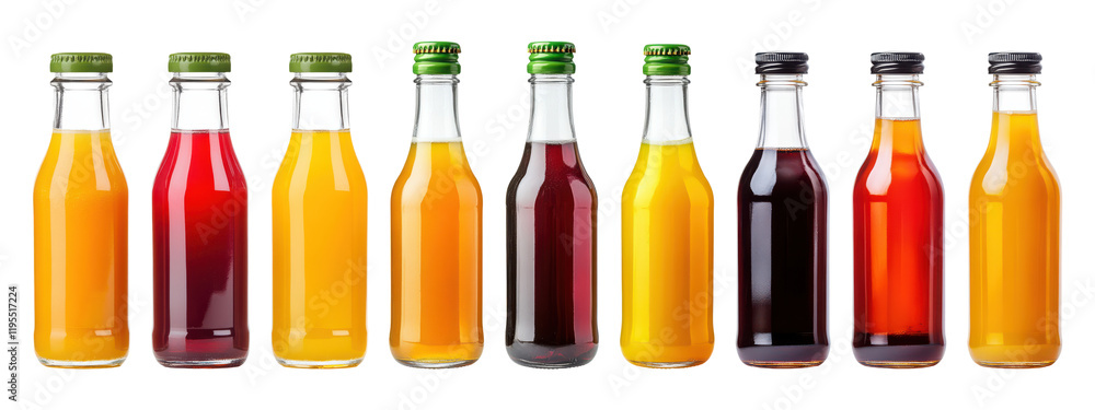 Set of colorful juice bottles with green and black caps, isolated on transparent background