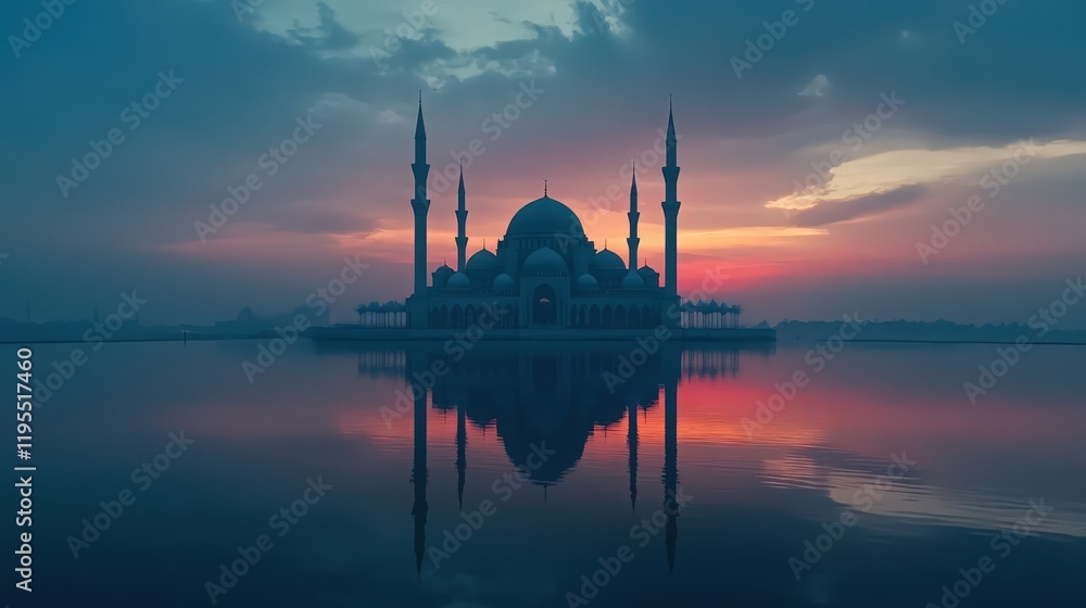 Naklejka premium Serene Mosque at Dusk with a Stunning Reflection on the Water Surface