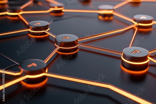 Conceptual 3D representation of a secure blockchain with interconnected glowing nodes and lock icons forming a decentralized network photo