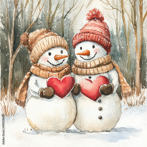 snowman couple in winter holding red hearts, surrounded by snowy forest, wearing cozy hats and scarves, creating warm and romantic scene