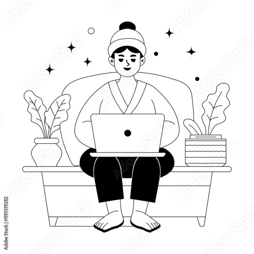 A hand drawn illustration of a woman doing remote work from home
