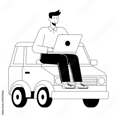 A man doing virtual work on a laptop, hand drawn illustration