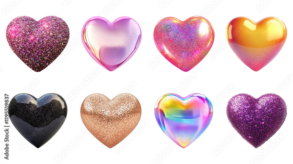 Set of colorful glittery heart icons, isolated on transparent background Set of colorful glittery heart icons, isolated on transparent background