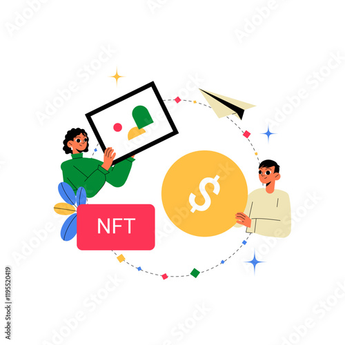 Male And Female Characters With NFT And Dollar Icons In Flat Vector Illustration Symbolizing Digital Art, Cryptocurrency, And Blockchain, Isolated On White Background