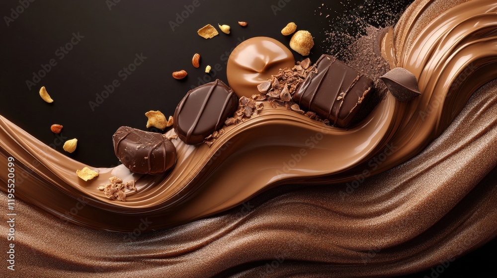 Obraz premium Chocolate Indulgence: A decadent swirl of rich, creamy chocolate, dotted with squares of dark chocolate, enrobed pieces, and golden flakes.