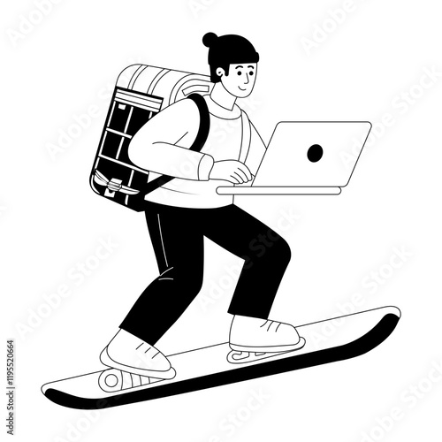 A hand drawn illustration of a workaholic character doing snowboarding