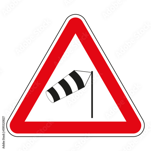 Red and white triangular road sign indicating strong crosswind