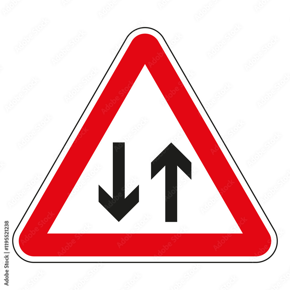 Red and white triangular road sign with two-way traffic to inform drivers Red and white triangular road sign with two-way traffic to inform drivers